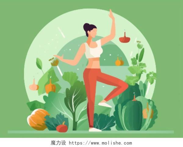 卡通手绘健身节插画夸张想象女士做瑜伽场景植物纯色背景插画海报人物插画运动健身锻炼体育